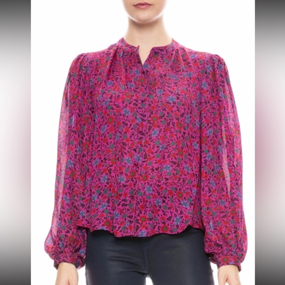 Veronica Beard Ashlynn Fuchsia Floral Silk Pintuck Blouse